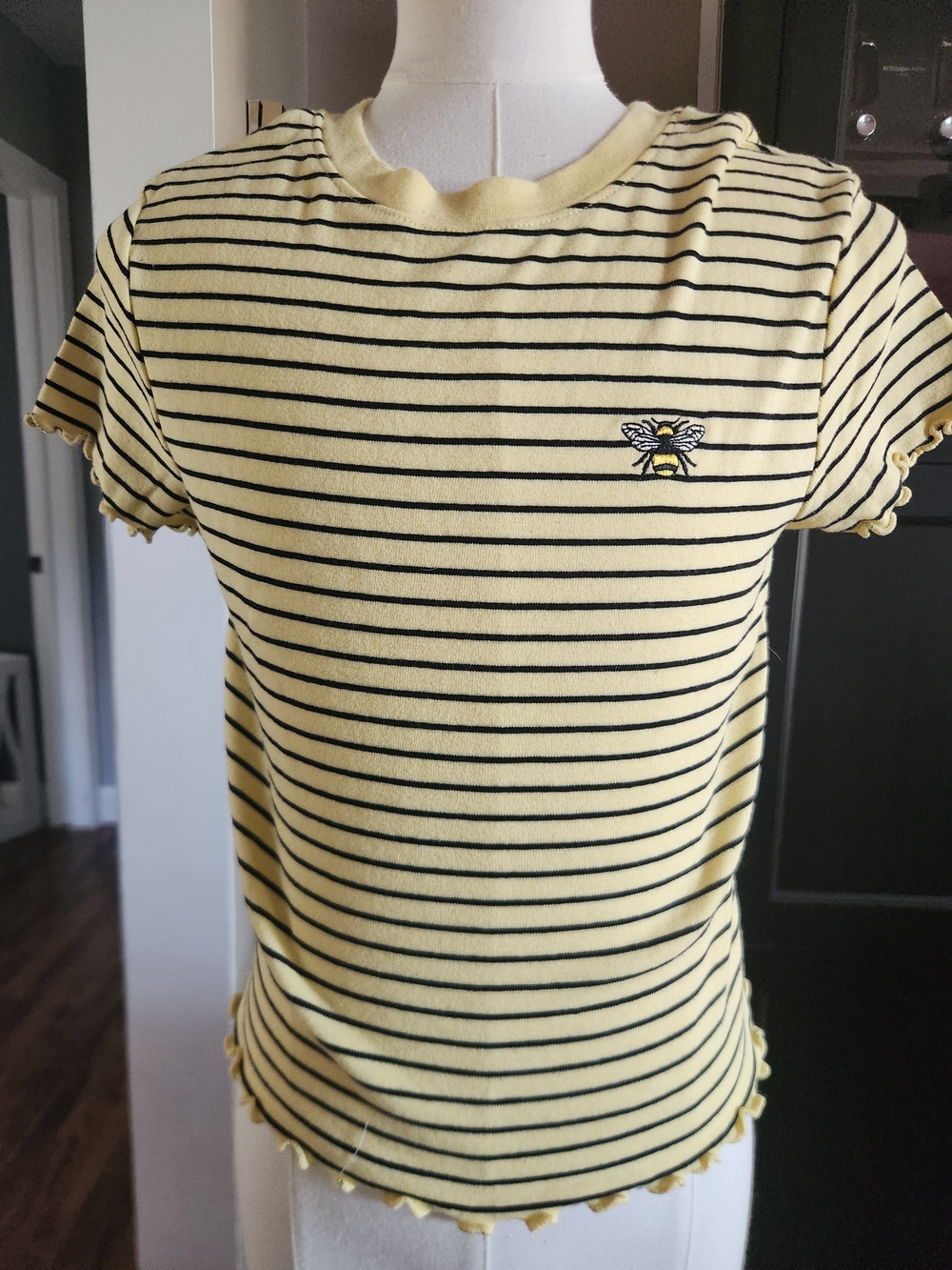 Forever 21 Yellow and Black Striped Bee Embroidered Short Sleeve Tee
